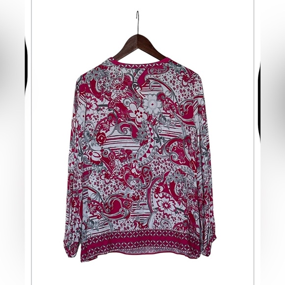 Sharon Young V neck Tie Hot pink Floral Blouse, size Medium - Picture 3 of 4